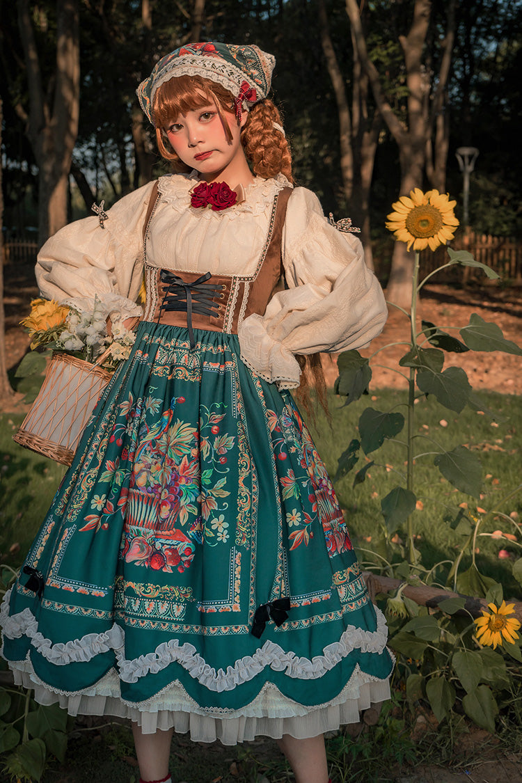 Green [Ode to Plenty] Berries and Birds Print Ruffle Bowknot Velvet Classic Lolita Breast Support Jsk Dress