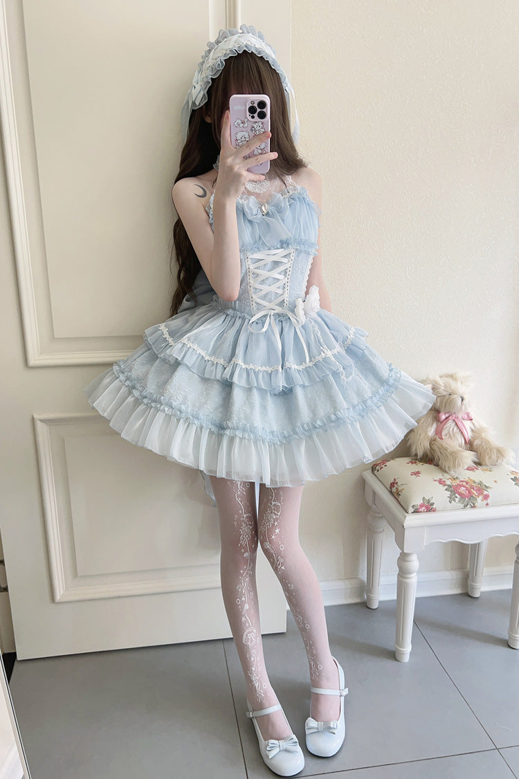 Hellblaues Neckholder-Dreilagen-Lolita-JSK-Kleid mit Schleife und Spitze