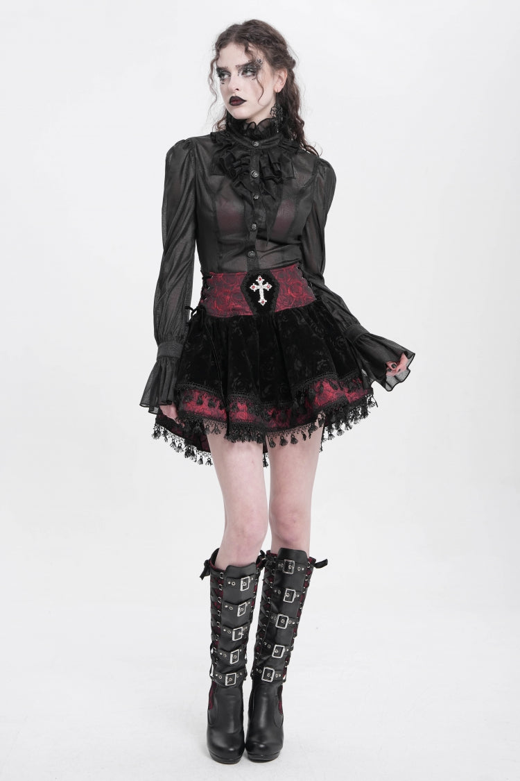 Black/Red Cross Tassel Print Women's Gothic Skirt