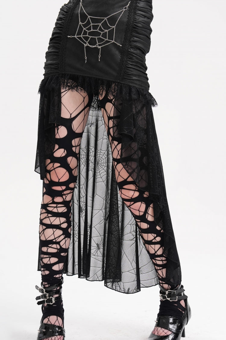 Black Chain Lace Irregular Hem Mesh Women's Gothic Skirt