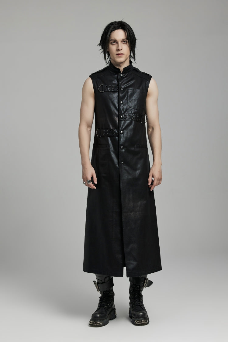 Black Stand Collar Sleeveless Faux Leather Men's Punk Long Vest