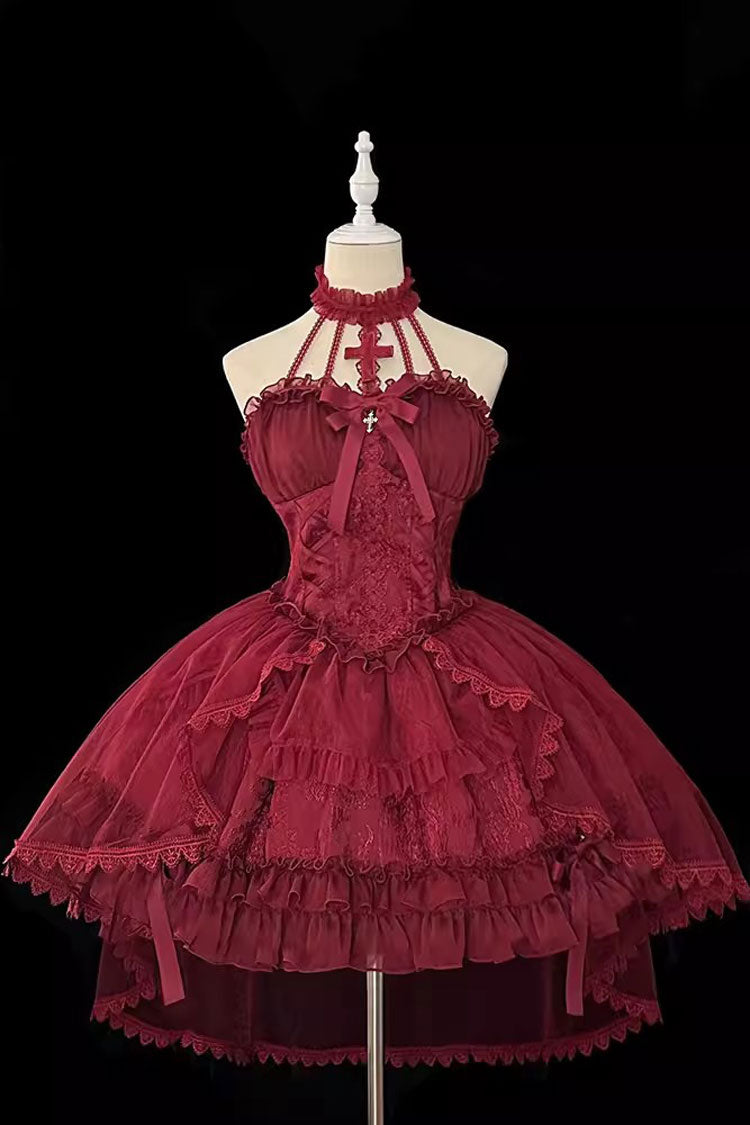 Wine Red Cross Halterneck Ruffle Bowknot Lace Lace-Up Princess Gothic Lolita Dress