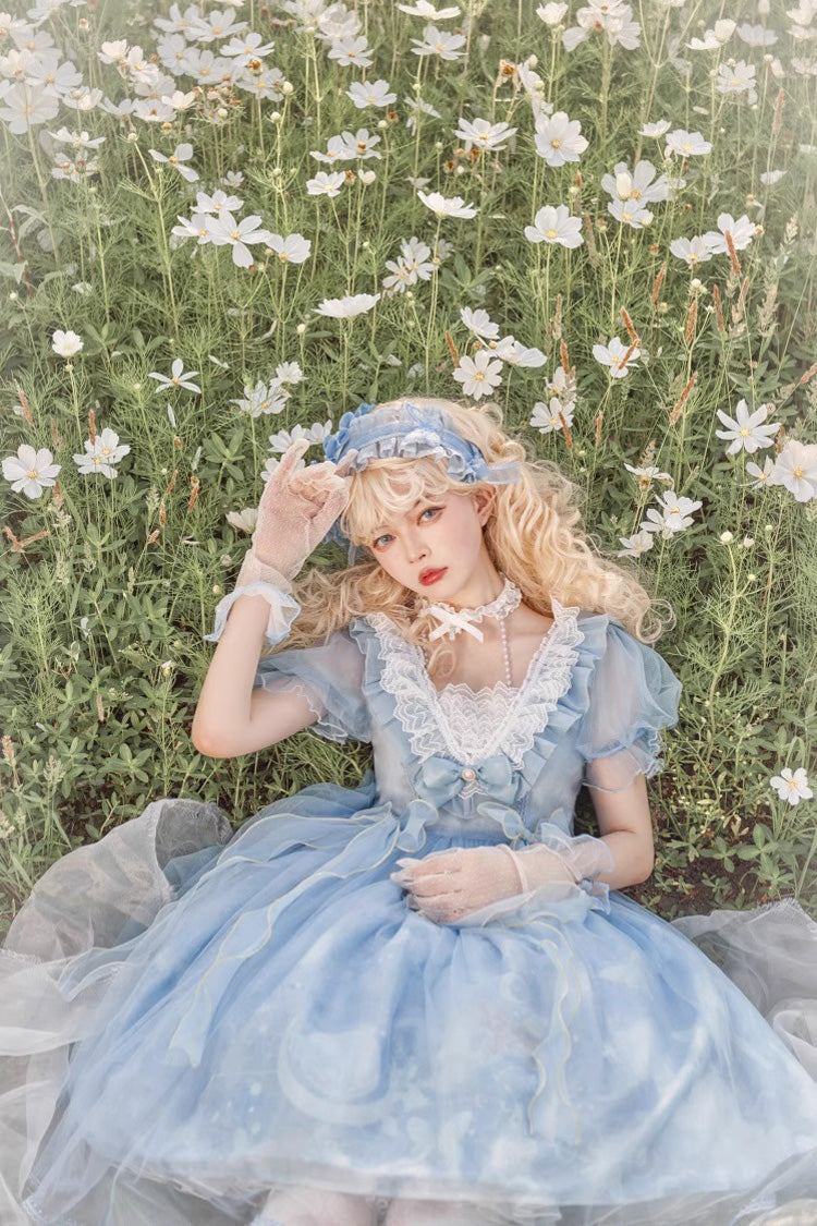 Blue High Waisted Planet Butterfly Print Ruffle Lace Sweet Lolita Dress