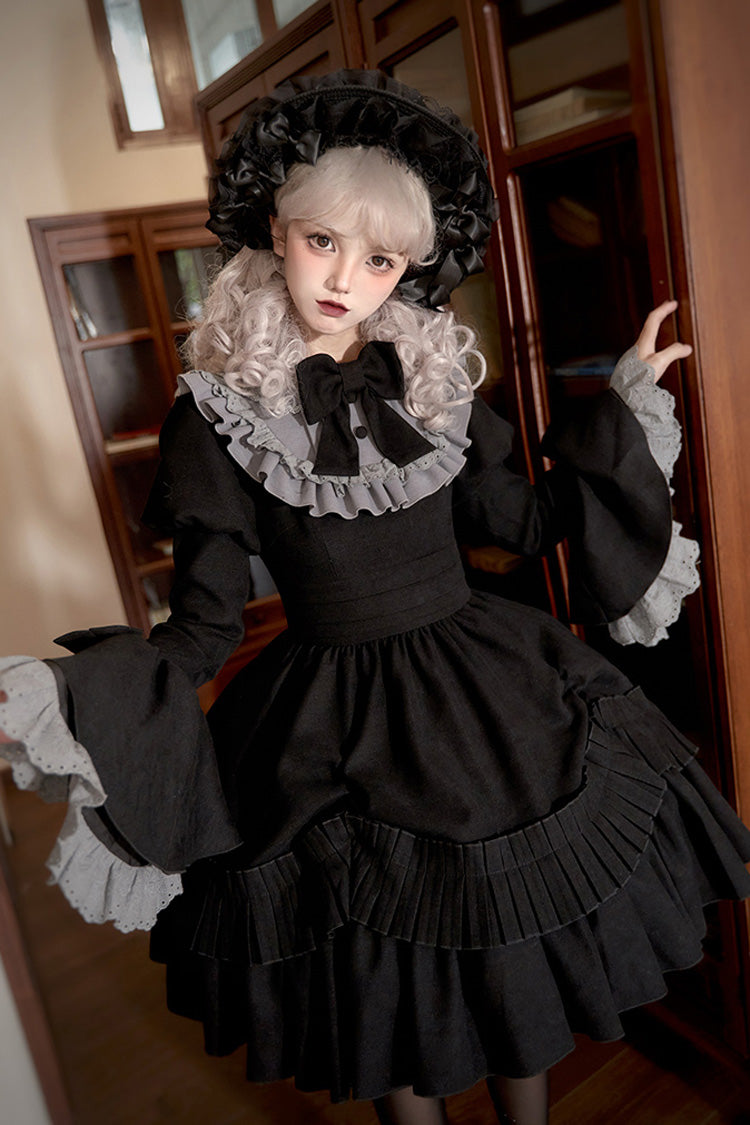 Schwarzes [Chapter of the Night] Gothic Lolita Kleid mit langen Hime-Ärmeln, Rüschen und Schleife