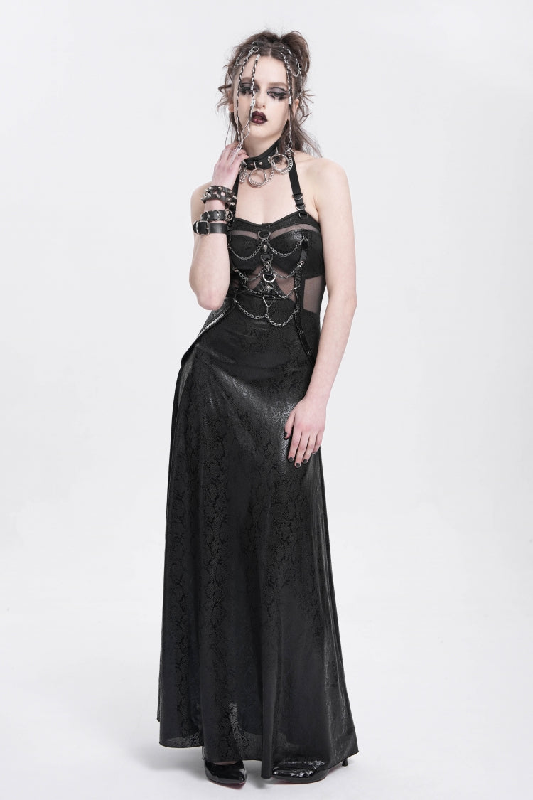 Black Halterneck Stitching Mesh Chained Women's Punk Dress