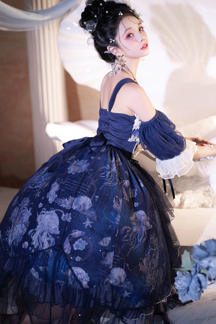 Blue [Deep Sea Jellyfish] Print Ruffle Lace Sweet Elegant Lolita Jsk Dress