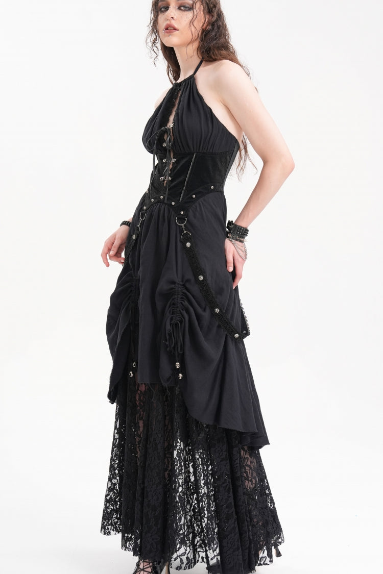 Black Halterneck Hollow Lace Women's Gothic Strap Maxi Dress