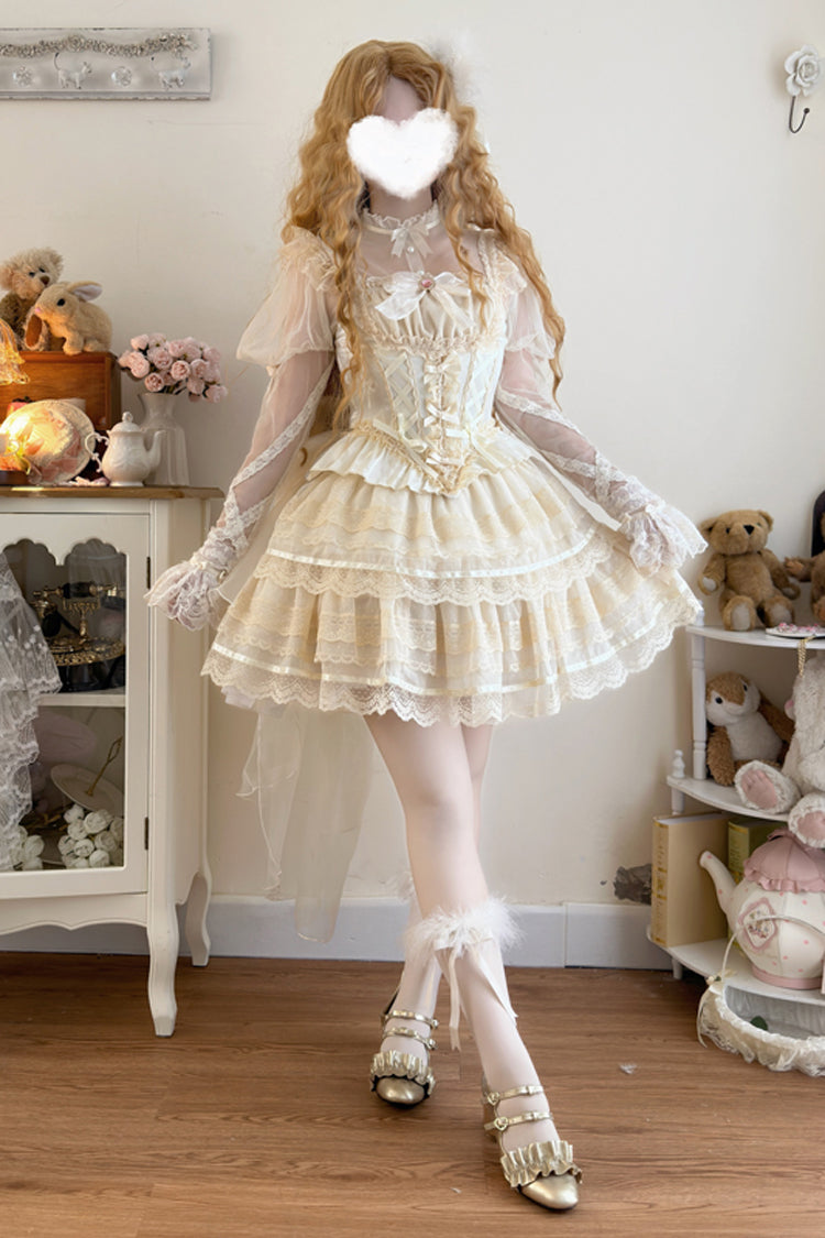 Apricot [Girl Love] Double-Layered Bowknot Lace Sweet Ballet Lolita Skirt Set