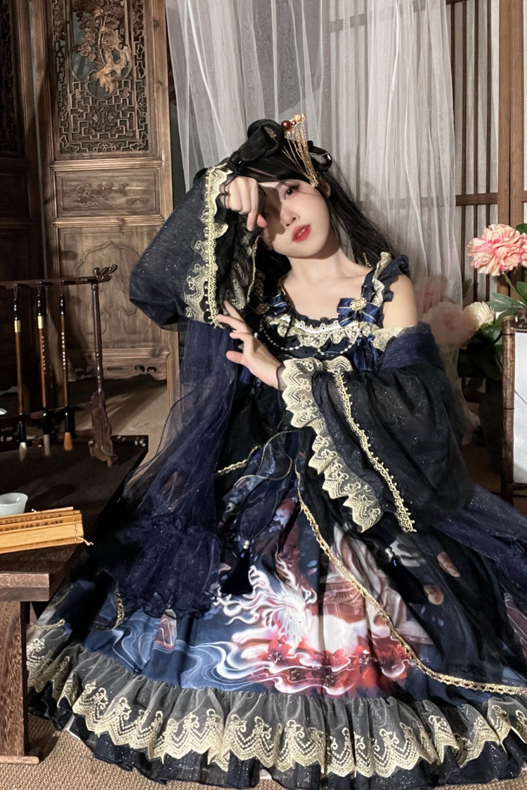 [Neunschwänziger Fuchs] Bedrucktes Rüschen-Schleifenkleid im klassischen chinesischen Stil mit Lolita-Jsk-Prinzessin, 2 Farben