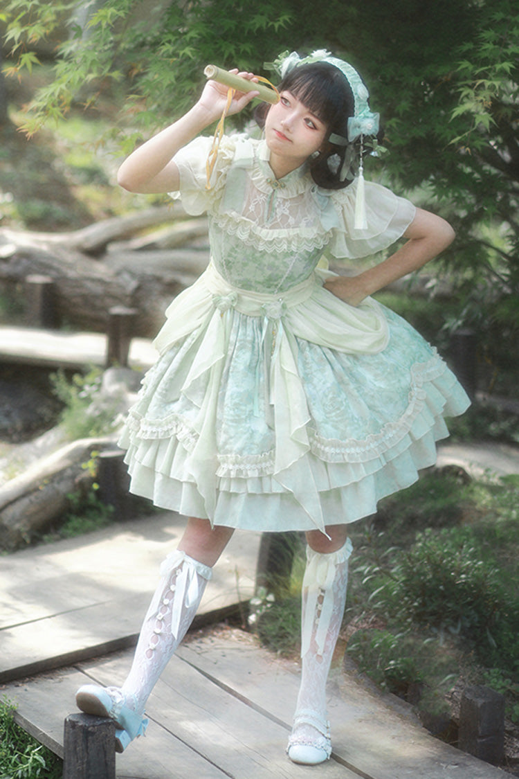 Green Pepper Chiffon Double-Layered Ruffle Bowknot Lace Sweet Chinese Style Lolita Dress