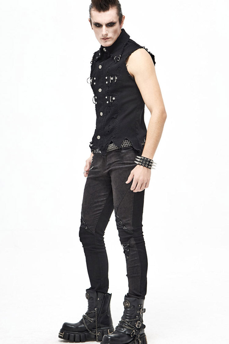 Black Worn Out Twill Mesh Decoration Rough Selvedge Hem Heavy Metal Men's Punk Waistcoat