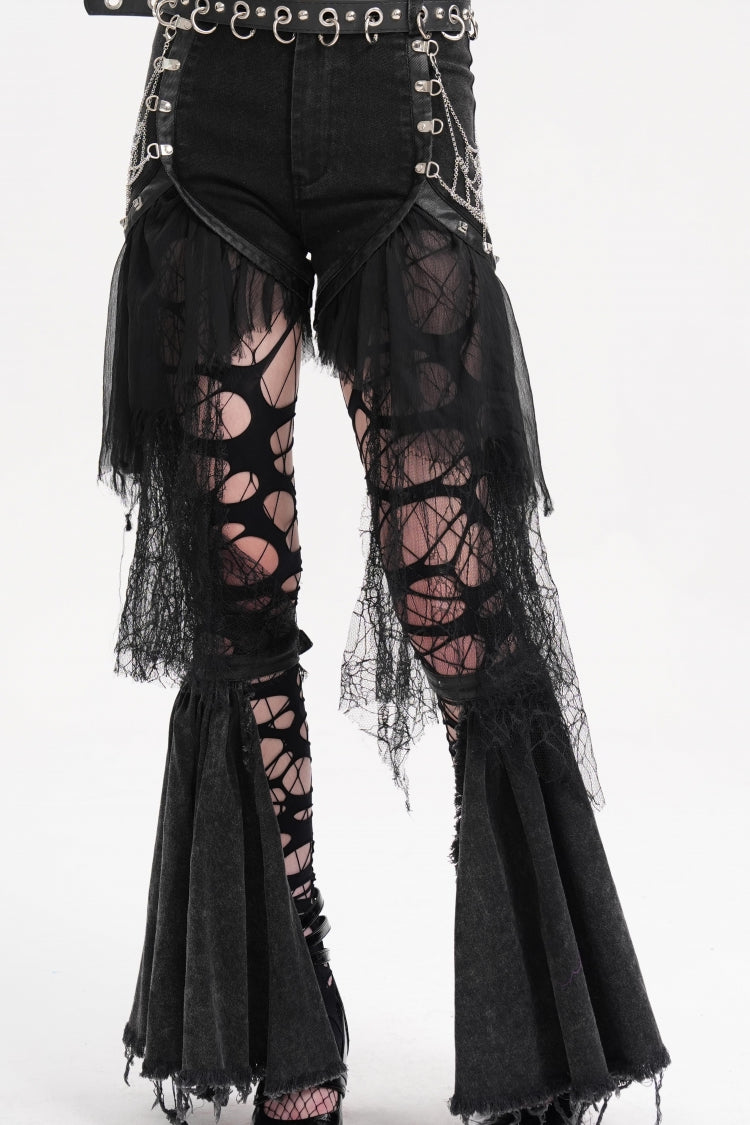 Black Chain Irregular Mesh Ripped Hem Women's Gothic Shorts