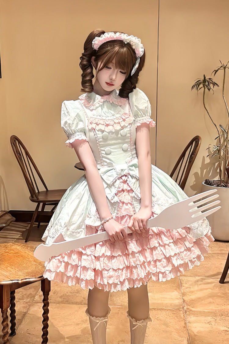 Pink/Green [Honeydew Melon Parfait] Short Sleeves Multi-Layered Ruffle Bowknot Sweet Lolita Dress