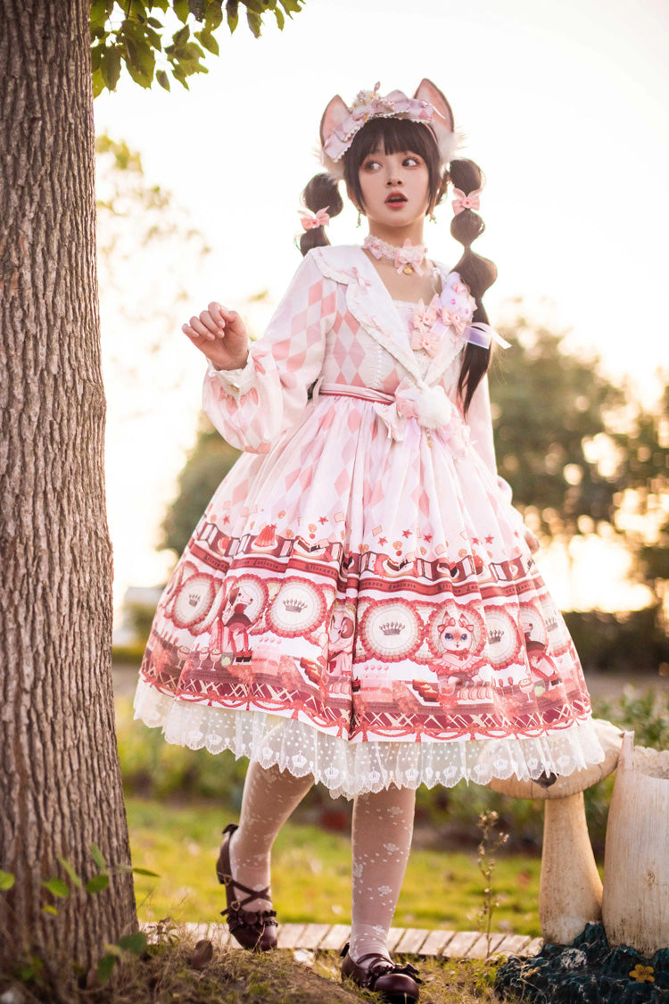 White [Afternoon Fantasia] Print Ruffle Bowknot Sweet Lolita Jsk Dress