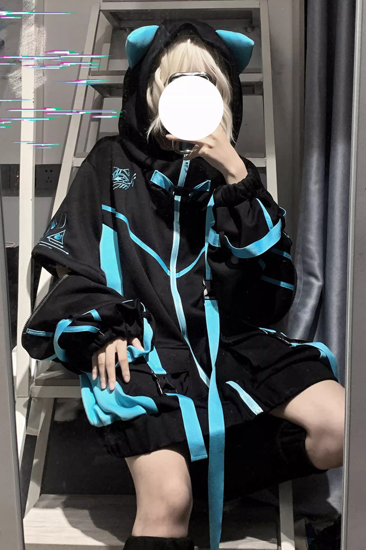 Black/Blue Chip Hacker Cyberpunk Functional Print Hooded Jirai Kei Japanese Sports Coat