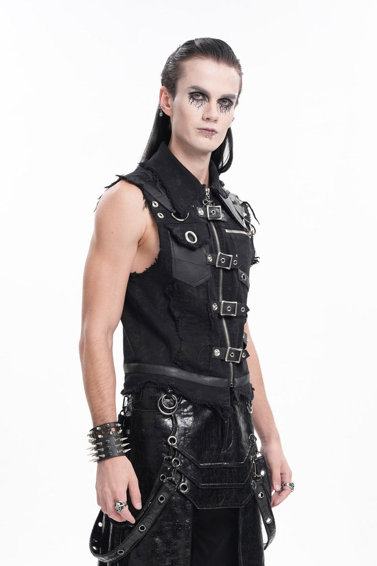 Black Lapel Collar Sleeveless Ripped Buckle Eyelets Men's Gothic Vest