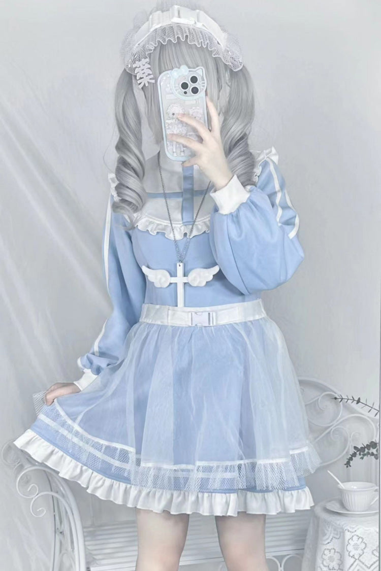 Blue Cross Angel Long Sleeves Ruffle Sweet Jirai Kei Japanese Dress