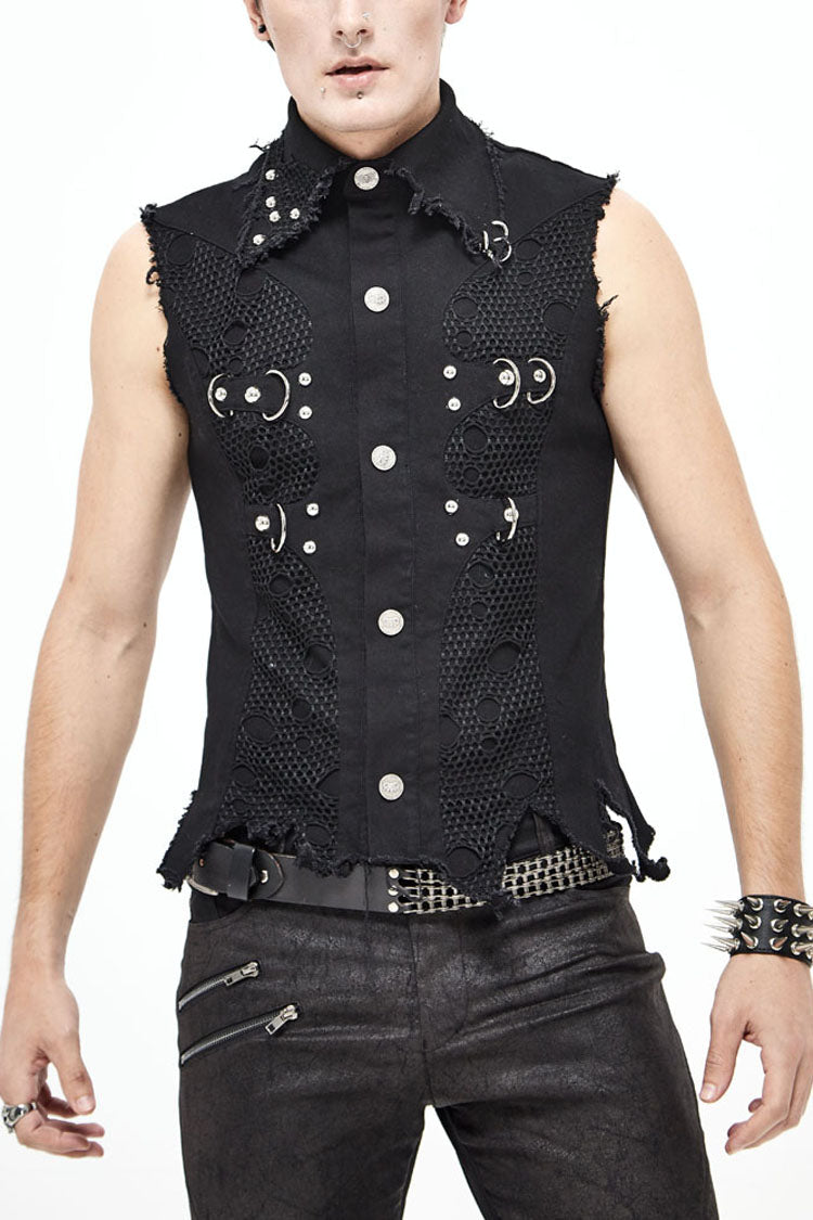 Black Worn Out Twill Mesh Decoration Rough Selvedge Hem Heavy Metal Men's Punk Waistcoat