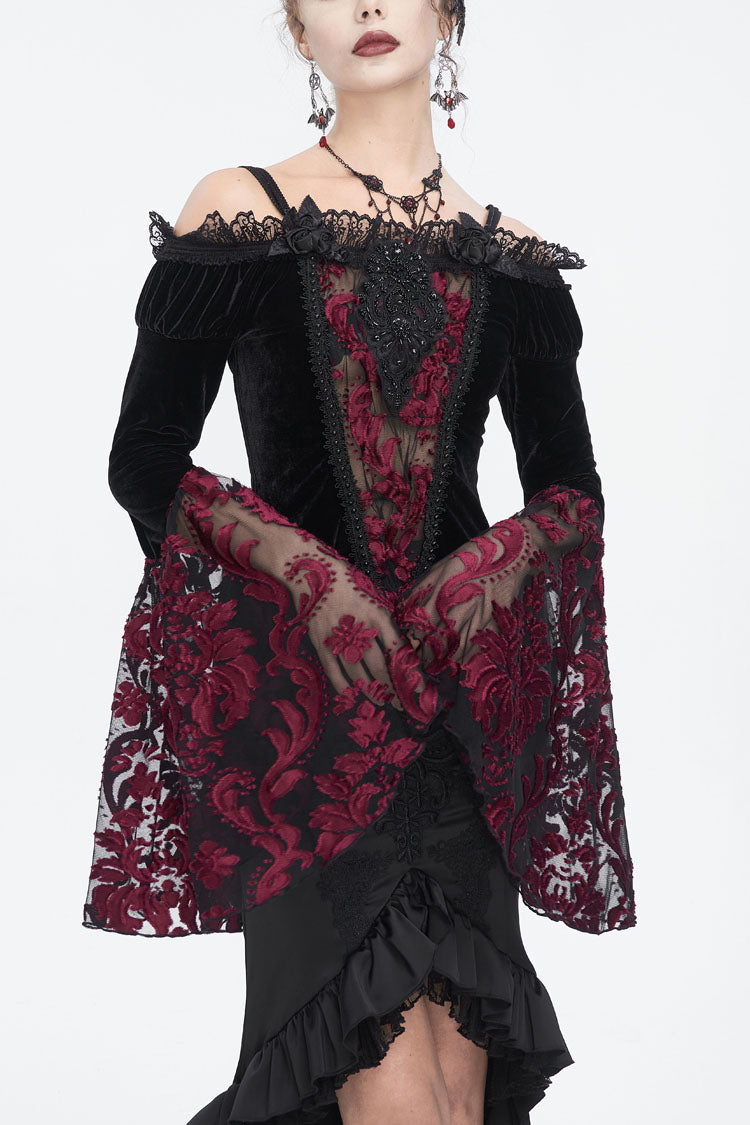 Black/Red Off Shoulder Trumpet Sleeves Embroidery Lace Women's Gothic Blouse