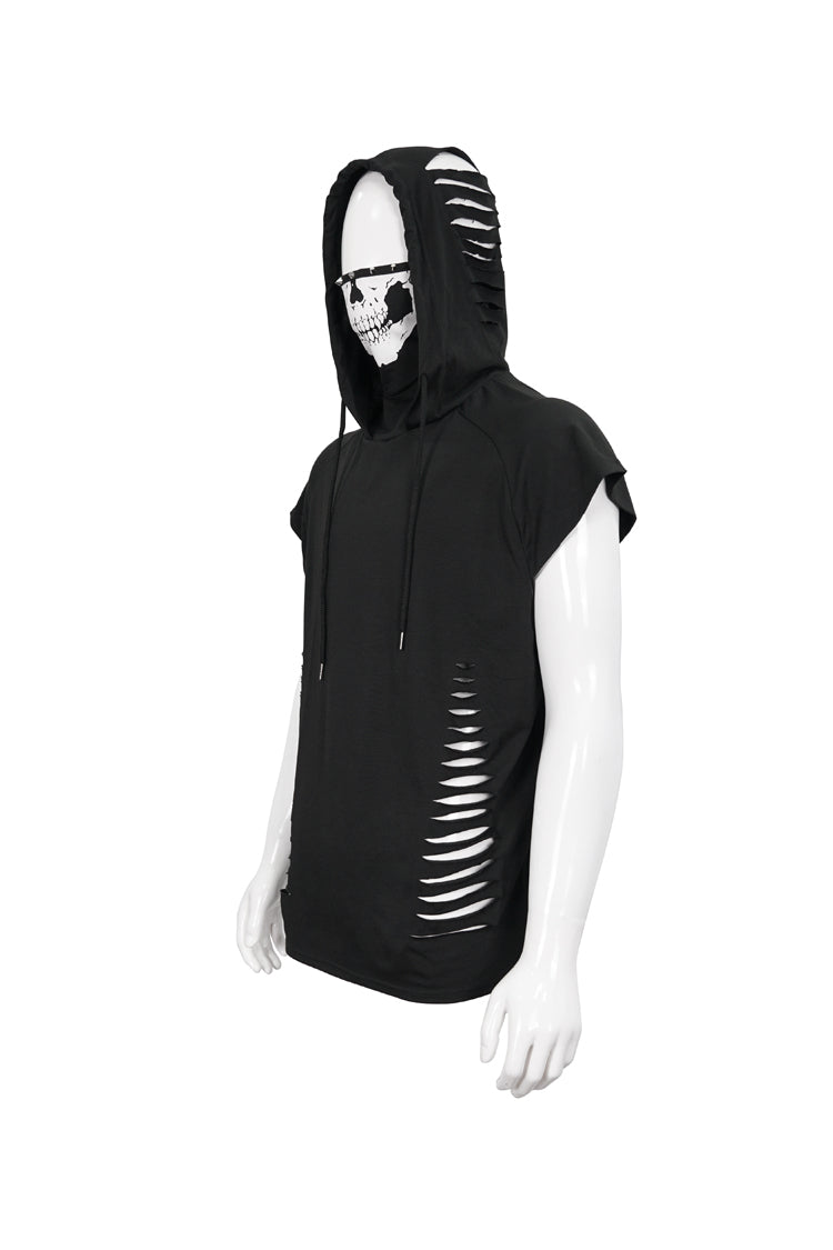 Black Skull Print Super High Neck Masked Rivet Hole Hooded Short Sleeve Men's Punk T-Shirt