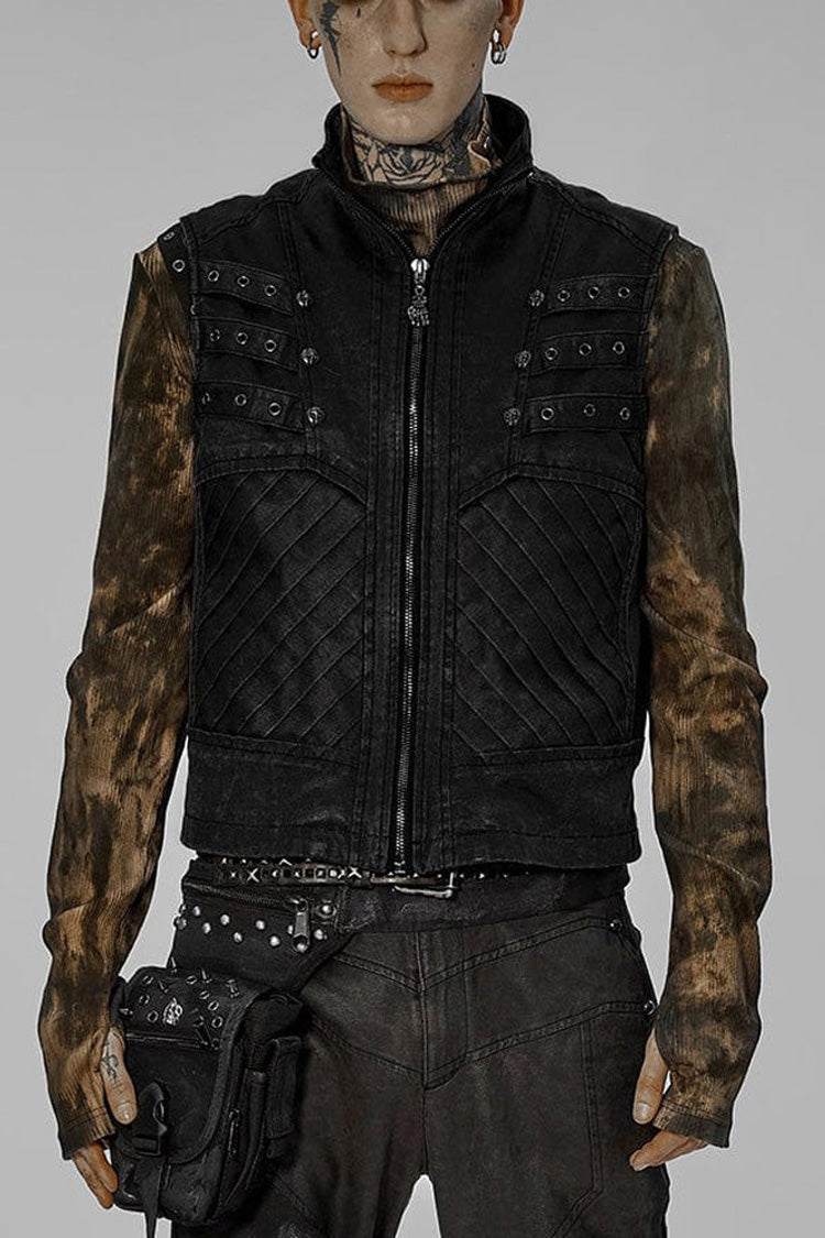 Black Punk Apocalyptic Stand Collar Twill Metal Skull Zip Men's Vest