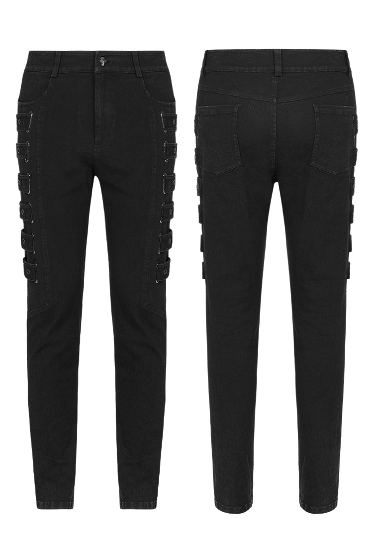 Black Buckle Zipper Men's Gothic Fitted Pants