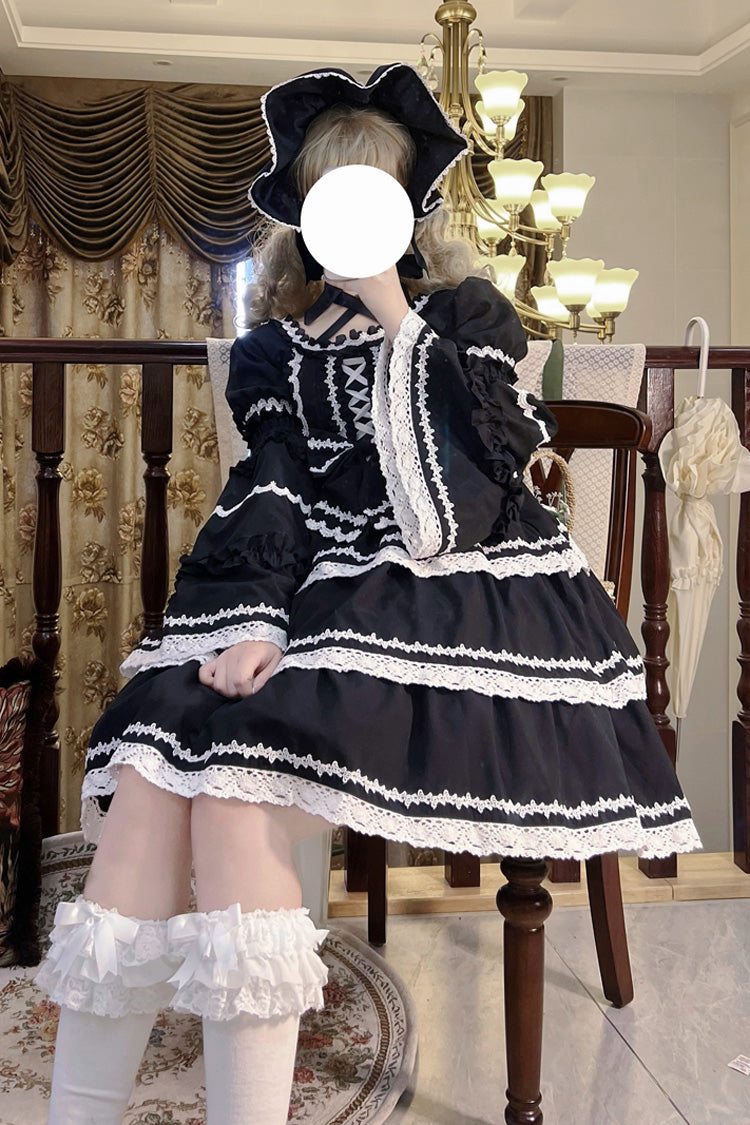 Schwarzes dreilagiges Gothic Lolita Kleid mit abnehmbaren Ärmeln und Schleife zum Schnüren