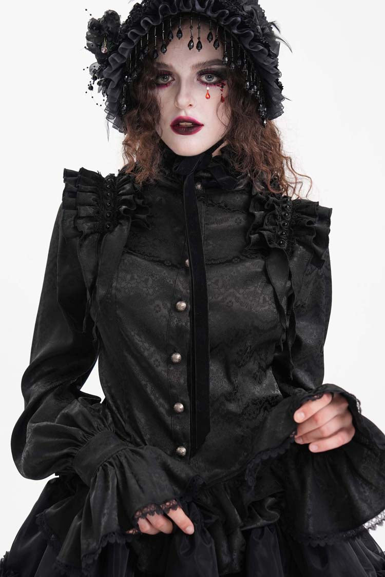 Black Long Sleeves Print Ruffle Lace Women's Gothic Blouse