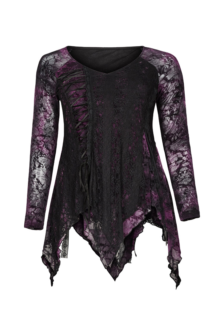 Purple V-Neck Front Splice Rose Lace Mesh Back Waist Lace-Up Irregular Hem Plus Size Knit Women's Gothic T-Shirt