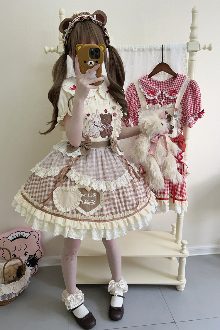 Rabbit Bear Diary Plaid Print Ruffle Bowknot Sweet Lolita Skirt 2 Colors (Blouse Included)