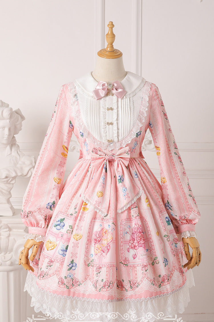 Blueberry Berries Print Long Sleeves Bowknot Sweet Princess Lolita Dress 4 Colors