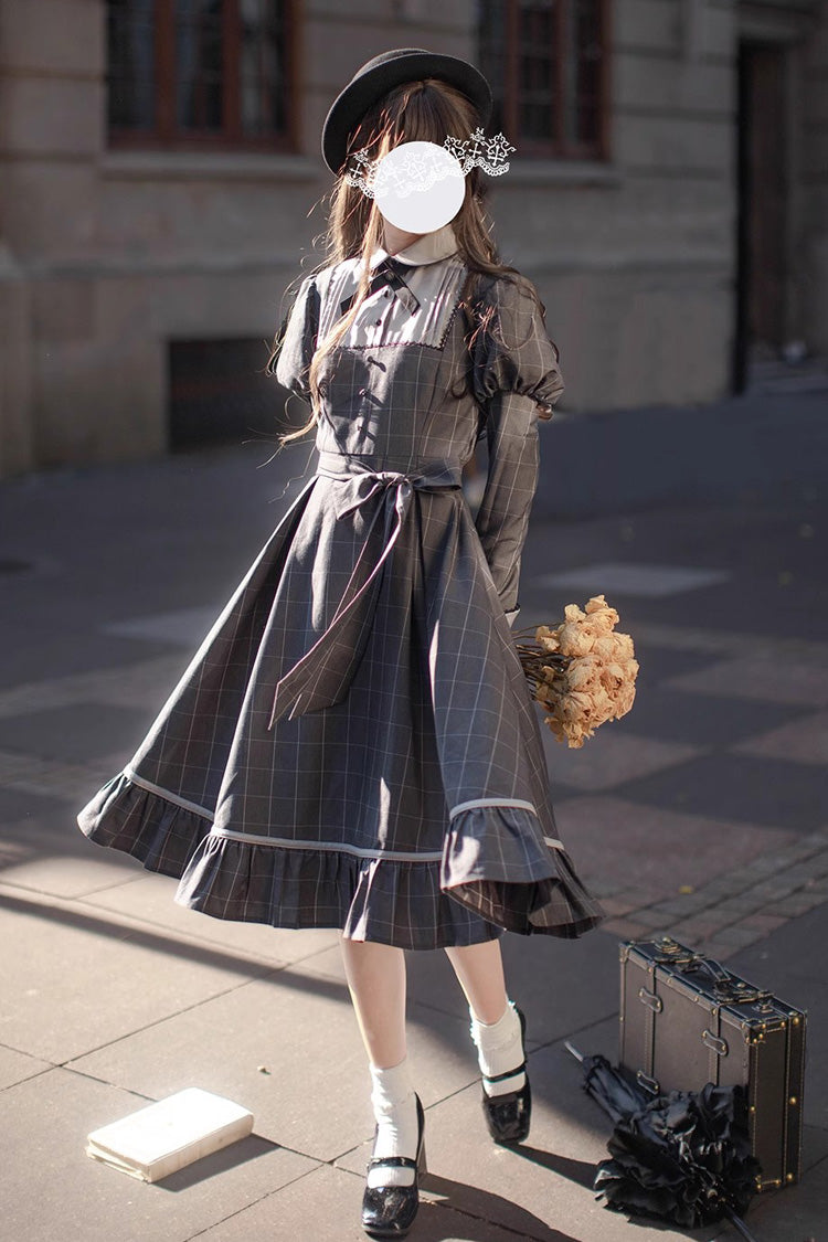 Grey Plaid Print Ruffle Bowknot Classic Vintage College Style Elegant Lolita Dress