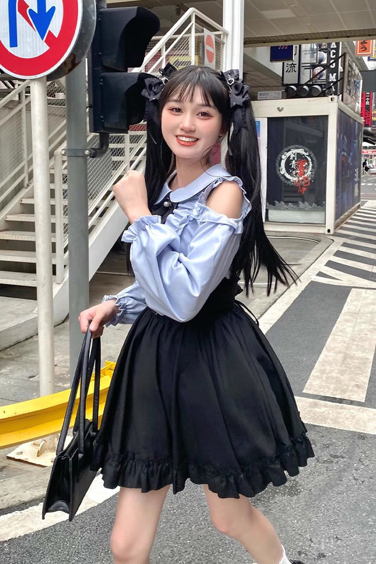 Black/Blue Off Shoulder Long Sleeves Ruffle Bowknot Sweet Jirai Kei Japanese Set