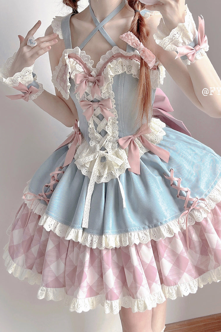 Blue/Pink [Sweetheart Cowboy] Plaid Print Ruffle Bowknot Sweet Lolita Skirt Set