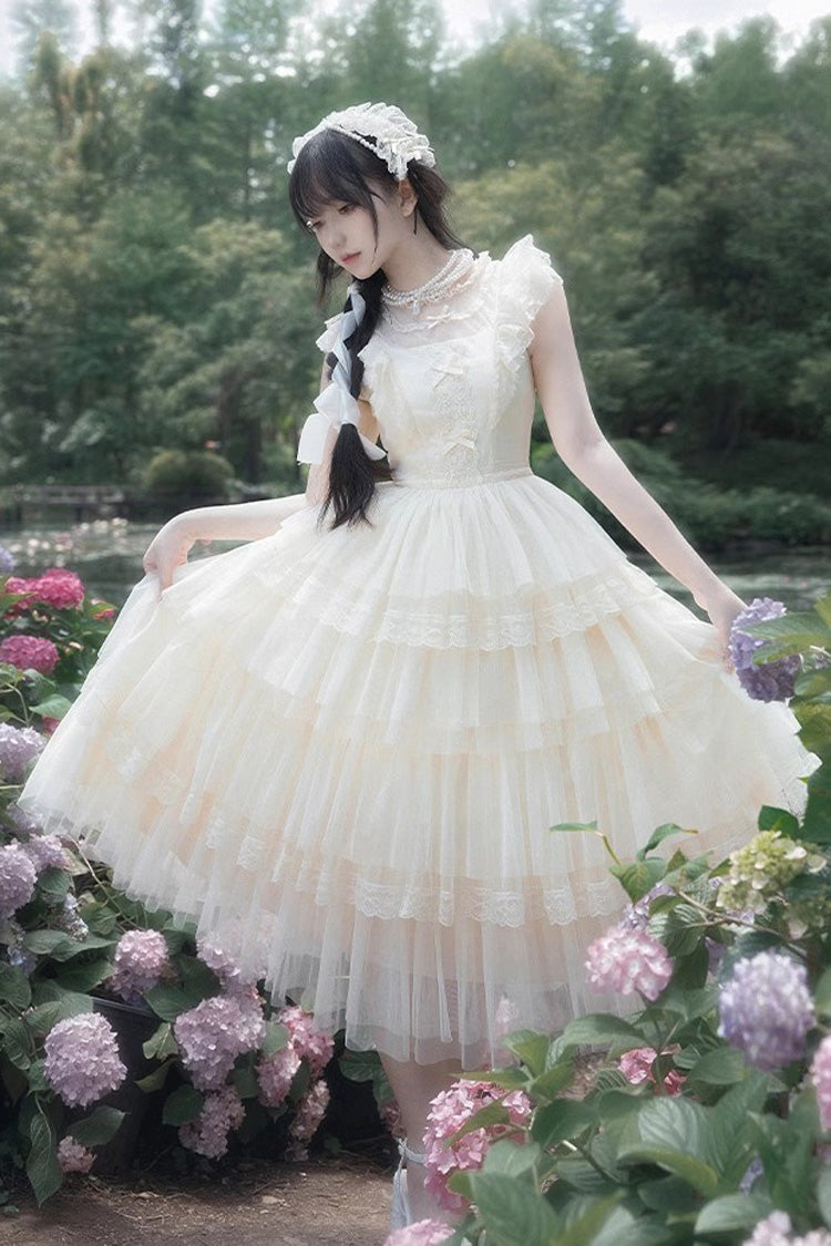 Ivory Tower Multi-layer Ruffle Embroidery Flying Sleeves Sweet Elegant Lolita OP Dress