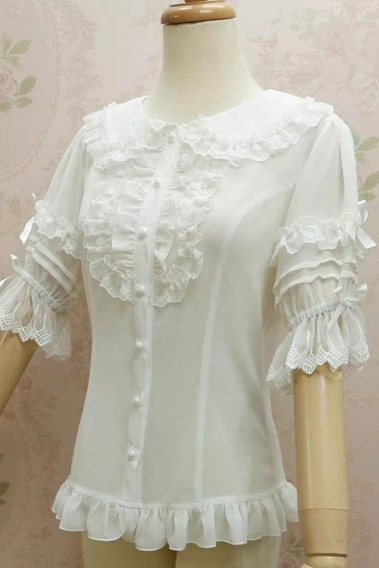 Puppenkragen, kurze Trompetenärmel, Spitze, schmale Chiffon-Lolita-Bluse, 2 Farben