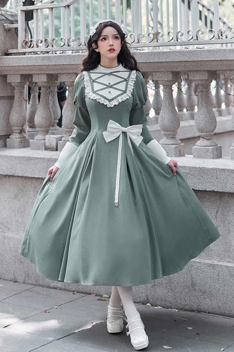 Grünes Lolita-Kleid im Nonnenstil mit Stehkragen, langen Ärmeln, Rüschen und Schleife, klassisch, elegant