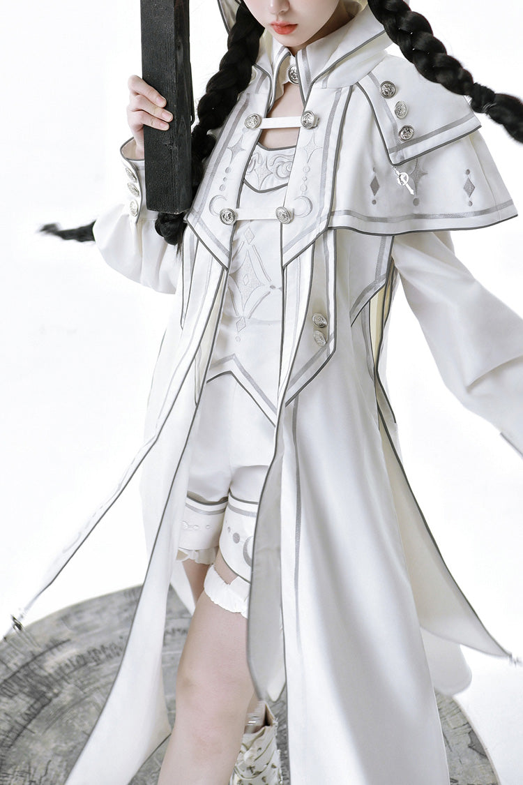 Weißes Ouji Fashion Lolita-Set mit futuristischem mechanischem Aufdruck im Bionic Dimension-Stil (einschließlich Oberteil, Umhang und Shorts)