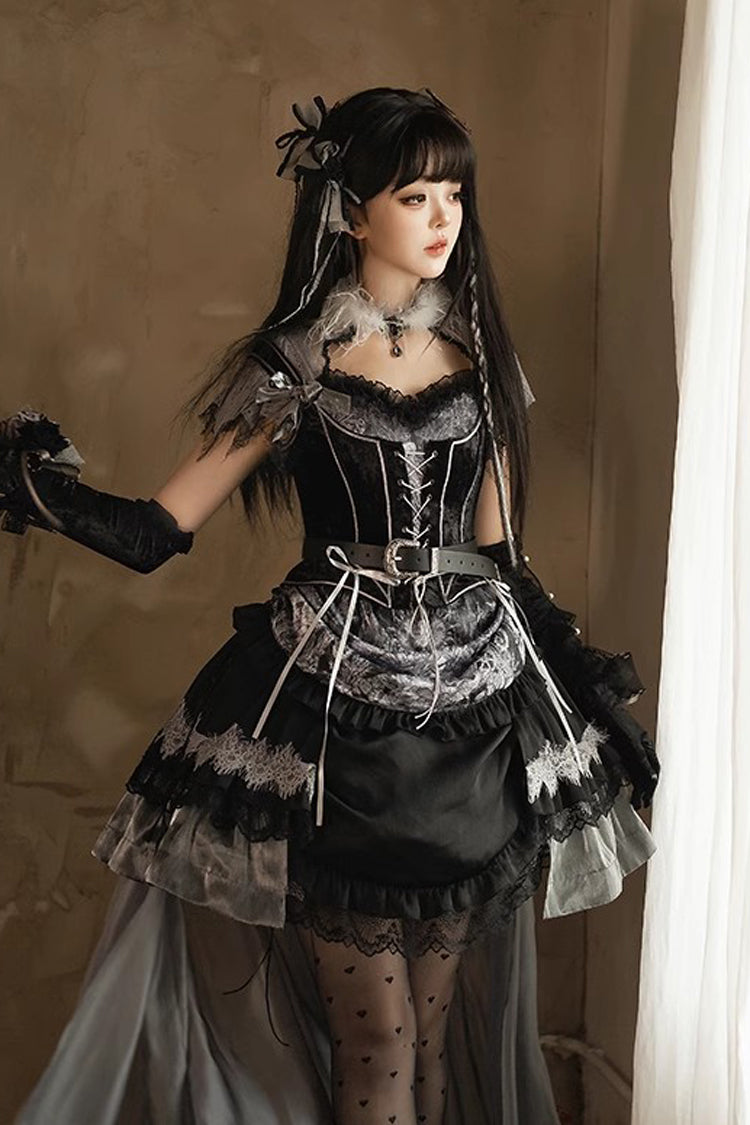 Black [Dark Night Rose] Short Sleeves Print Ruffle Bowknot Lace Asymmetric Gothic Lolita Dress