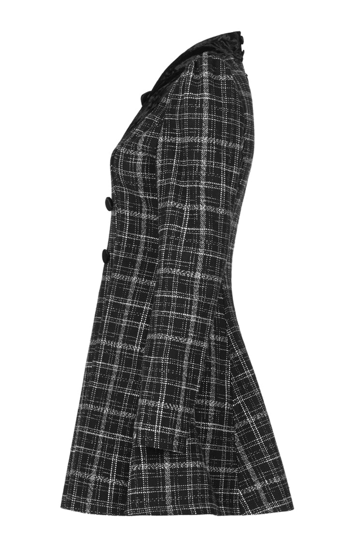 Schwarz/weißes Punk-Kleid für Damen aus Wollstoff mit kleinem V-Ausschnitt und Krawattendesign und kariertem Samtstich sowie Schleife in der Taille