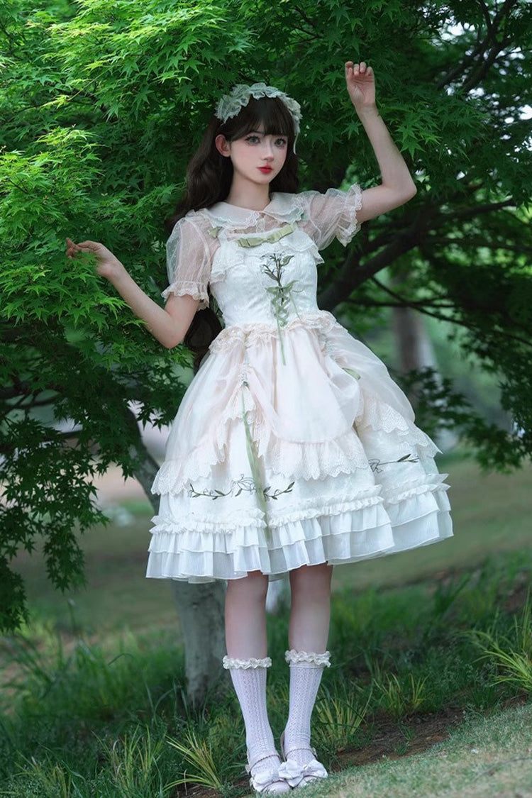 Summer Lily of The Valley Multi-layer Print Ruffle Embroidery Sweet Lolita Jsk Dress 2 Colors