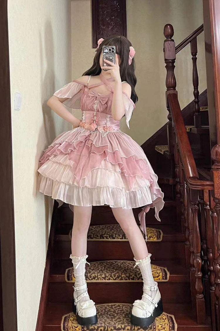 Pink Multi-layer Ruffle Hanayome Bowknot Sweet Elegant Princess Gorgeous Lolita Jsk Dress