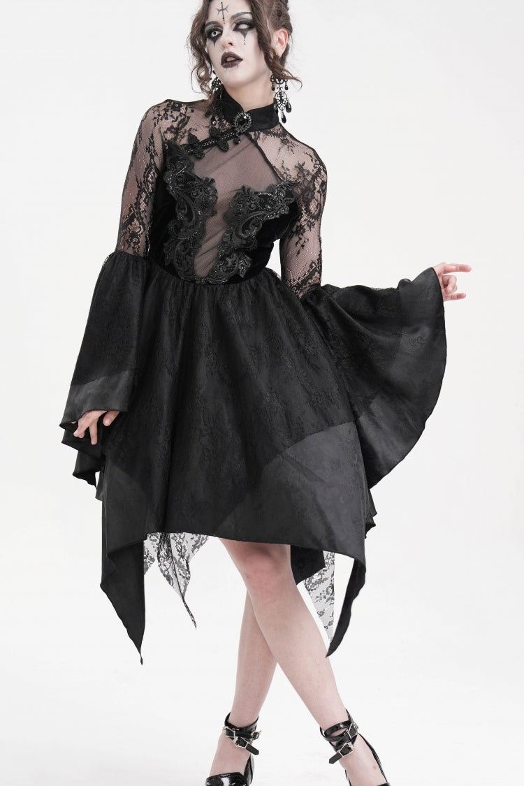 Black Long Sleeves Embroidery Lace Lace-Up Irregular Sheer Mesh Women's Gothic Dress