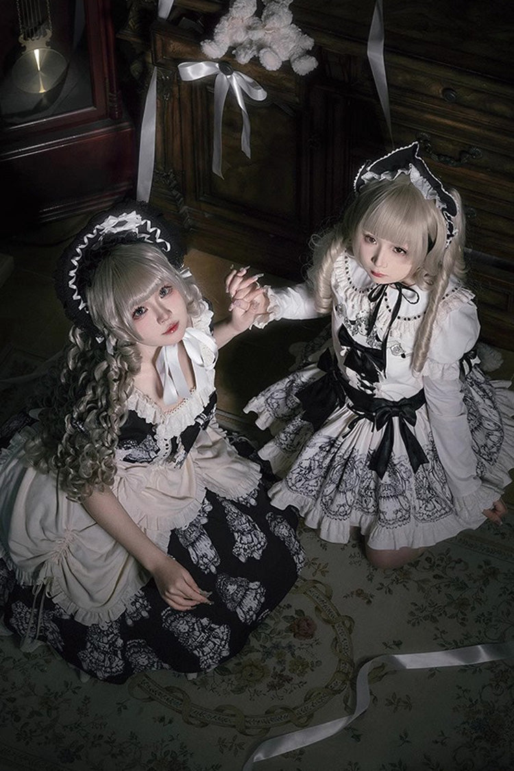 Doll Night Short Sleeves Print Ruffle Embroidery Bowknot Gothic Lolita Dress 2 Colors