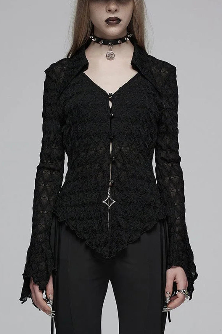 Black Diamond Pattern Round Collar Irregular Drawstring Women's Gothic Shirt