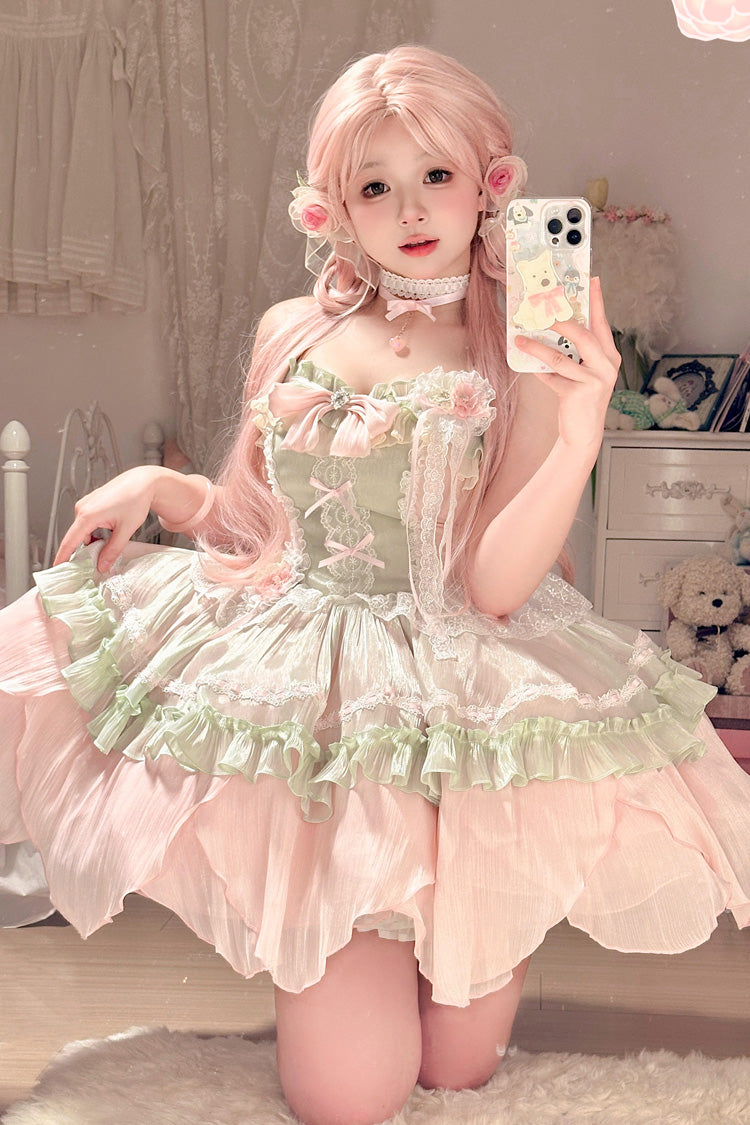 Pink/Green Summer Garden Ruffle Embroidery Bowknot Lace Sweet Lolita Jsk Short Dress