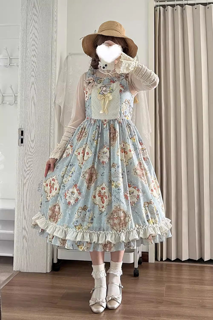 Cat Rose Tea Sleeveless Print Ruffle Bowknot Sweet Lolita Jumper Dress 3 Colors