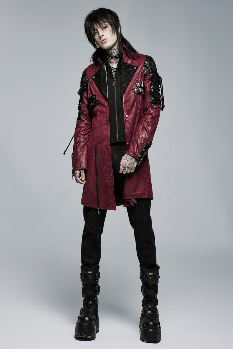 Red Metal Buckle Decoration Zipper Mens Steampunk Windbreaker Coat