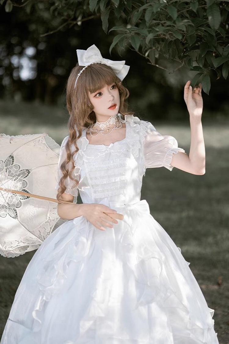 Weißes Lolita-Kleid mit Ode an schwebende Lichter, Fantasie-Fee, kurzen Ärmeln, Rüschen, süßem, elegantem Kleid