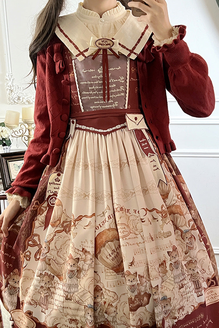 Weinrotes [Fox Band] Bedrucktes klassisches Lolita-Pulloverkleid mit quadratischem Kragen und Schleife